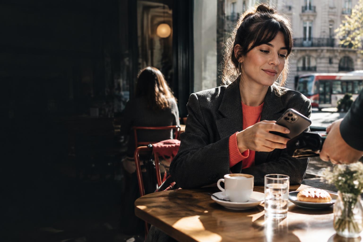 Una persona paga con su celular en un café